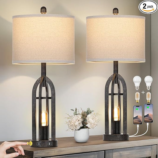 27" Rustic Table Lamps for Living Room - Farmhouse Lamps Set of 2 with USB C+A & Outlet, 3-Way Dimmable Touch Lamps for Night Stands, Vintage Bedside Lamp for End Tables,Bedroom,Bronze - Bloomnest