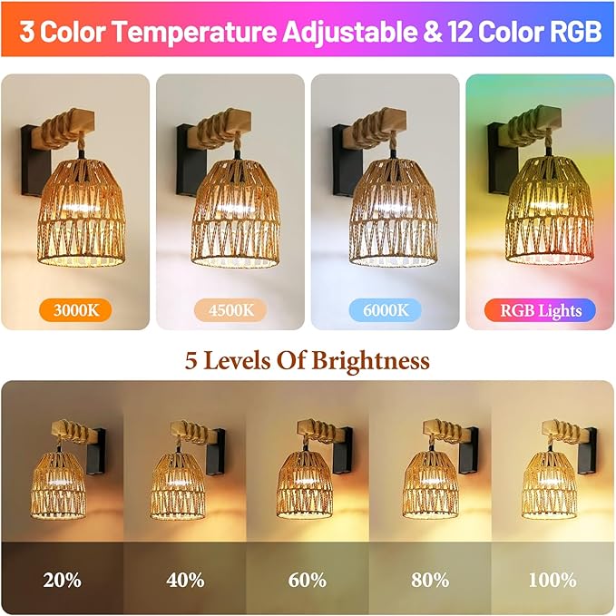 Battery Operated Wall Sconce Set of Two, Rattan Wall Sconces Battery Operated Set of 2, Boho Wall lights with Remote, Rechargeable Wall Sconce for Bedroom,Living Room, Entryway 15 Colors Dimmable - Bloomnest