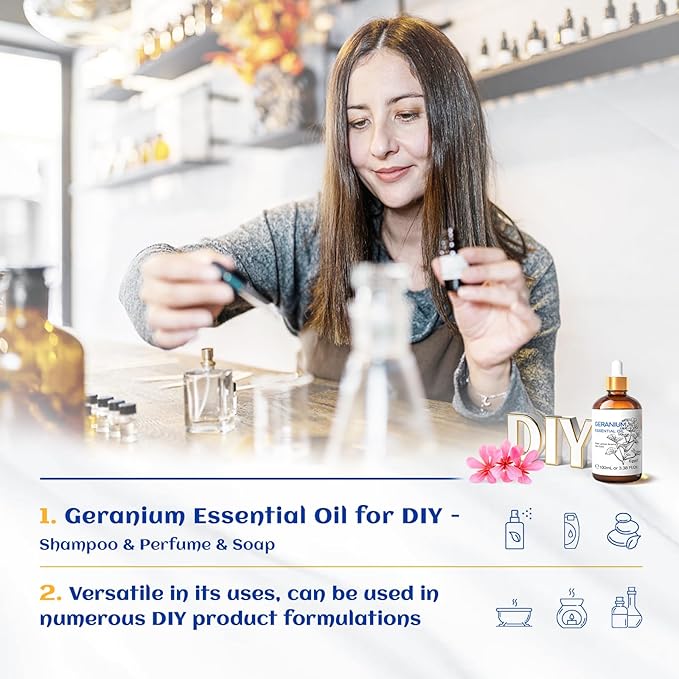 HIQILI 100ML Geranium Essential Oil for Skin, Diffuser & Candle, 100% Pure and Natural - 3.38 Fl Oz - Bloomnest
