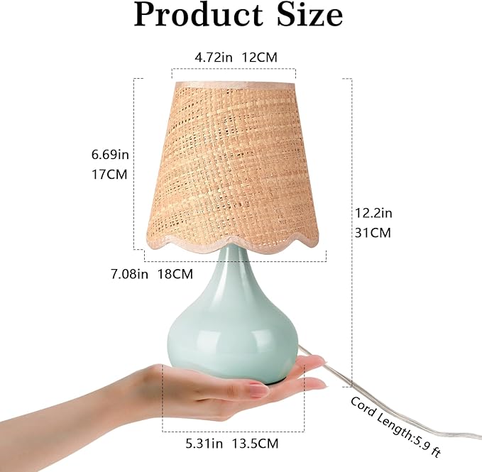 Light Blue Boho Small Table Lamp for Small Spaces, Small Rattan Shade Bedside Lamp for Bedroom, Cute Nightstand Light for Bedside, Kitchen Counter, Bookshelf Lamp, Home Office, Living Room, Dorm - Bloomnest