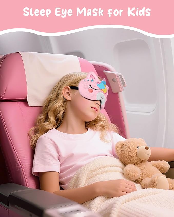 Sleep Mask for Kids - Cute Cartoon Plush Fuffy Sleeping Eye Cover Bow Unicorn Kawaii Soft Eyeshade with Adjustable Strap Animal Eye Blindfold for Kids Girls Boys Teens - Bloomnest