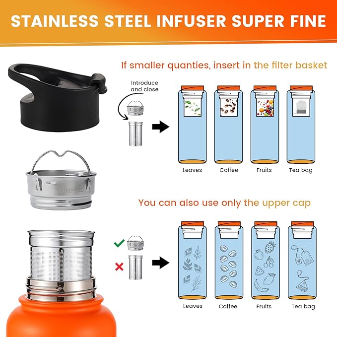 Lexlion Tea Infuser Water Bottle 22 Oz – Triple Wall Insulated Stainless Steel, Loose Leaf & Fruit Strainer, 3 Leakproof Lids, BPA-Free Silicone Sleeve, Reusable Thermal Mug - Bloomnest