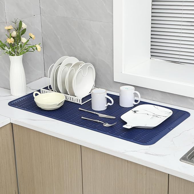 Silicone Dish Drying Mat for Multiple Usage,Easy clean,Eco-friendly,Heat-resistant Silicone Mat for Kitchen Counter or Sink,Refrigerator or Drawer Liner Navy Blue 5XL 36inches x 18inches - Bloomnest