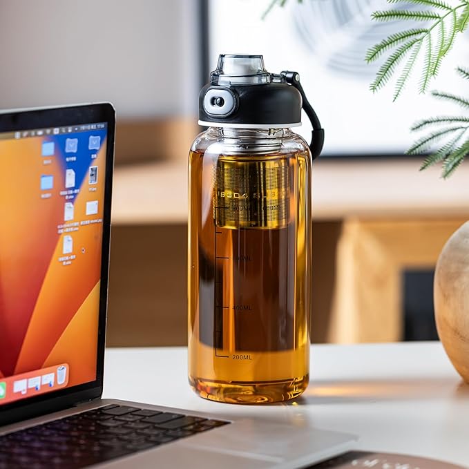 34oz Glass Water Bottle with capacity Mark & Stainless Steel Tea Strainer-Large Capacity for Hot/Cold Drinks,Coffee,Tea,and Water-Includes Protective Sleeve,Perfect for Home,Office (34oz) - Bloomnest
