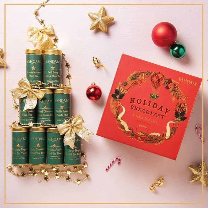 VAHDAM, Holiday Breakfast - Christmas Tea Gift Sets (90+ Cups) 9 Loose Leaf Teas - Luxury Gift Box | Christmas Gifts For Women, Men & Adults I Holiday Tea Gift Box - Bloomnest