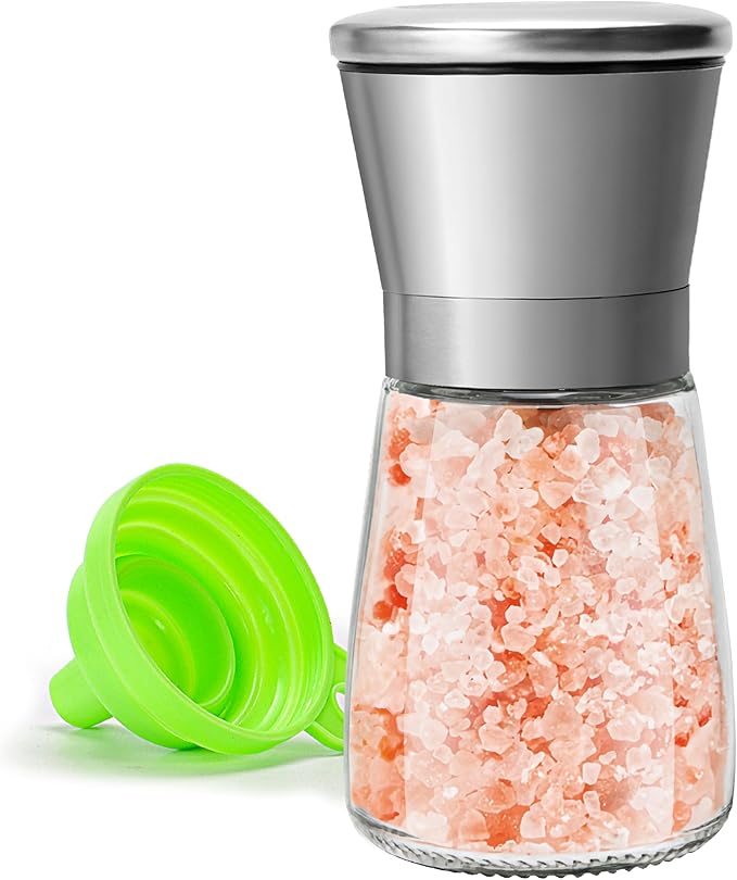 Manual Salt or Pepper Grinder for Professional Chef, Best Spice Mill with Stainless Steel Cap, Ceramic Blades and Adjustable Coarseness, Refillable Glass Body with 6OZ Capacity - Bloomnest