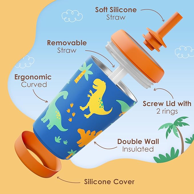 Kid Insulated Stainless Steel Tumbler with Silicone Straw, 12oz Sippy Cup for Kids (Dinosaurs) - Bloomnest