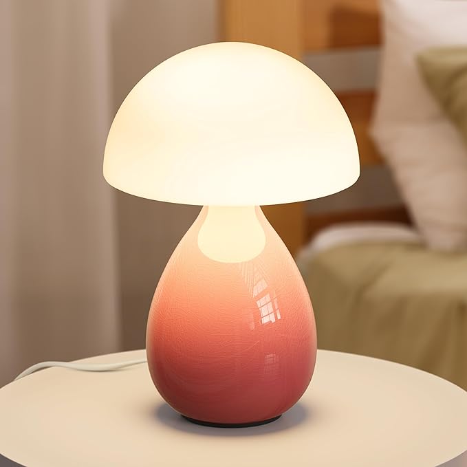 Mushroom Lamp Table Light, Mini Modern Lamp Bedside Small Table Nightstand LED, Small Light Dimmable for Bedroom, Living Room, Ceramic Base Glass Led Home Decor for Woman Children Gift - Bloomnest
