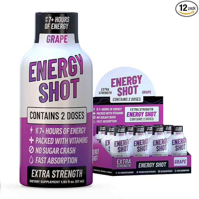 Grape Extra Strength Energy Shot 12 pk – 260mg Natural Caffeine B12 B6 – Energy & Focus Support – 2 Servings Sugar Free Zero Calorie Green Tea B-Vitamins Electrolytes Vegan – 1.93 fl oz - Bloomnest
