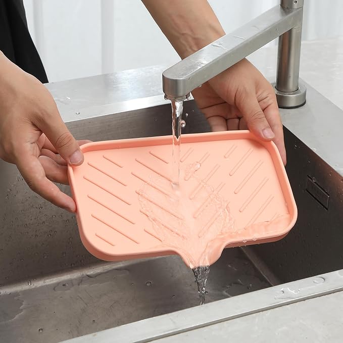 Silicone Bathroom Soap Dishes with Drain Spout-Bathroom and Kitchen Sink Organizer,Sponge Holder,Dish Soap Tray,Perfect for Dispenser,Scrubber,Bottle,Cup on Sink or Counter-Pink 9.6"×5.3" - Bloomnest