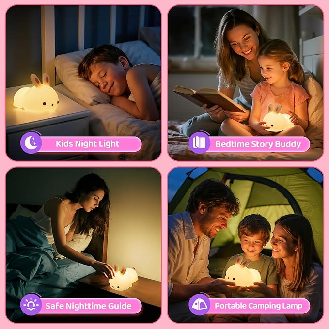 One Fire Bunny Toys for Kids Night Light for Kids, 16 Colors Cute Lamp, Soft Silicone Baby Night Light, 1200mAh Portable Dimmable Touch Lamps, Kawaii Room Decor, Christmas Gifts for College Girls - Bloomnest