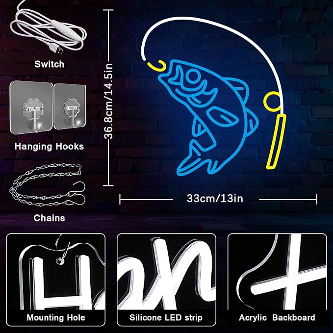 Fishing Neon Sign for Wall Decor Fish Neon Light Fishing Hook Neon Light Sign Go Fishing LED Light for Fishing Shop Fishing Gear Store Fisher Club Room Man Cave - Bloomnest