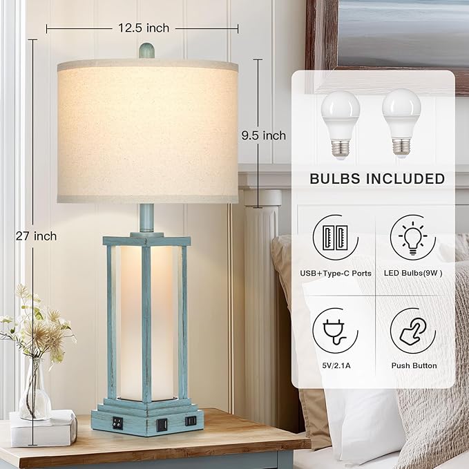 27" Tall Vintage Table Lamp Set of 2 with USB C+A & Outlet,Nightstand Lamp for Living Room,Coastal Bedside Lamps with Frosted Glass Night Light for Bedroom Entryway,Blue - Bloomnest