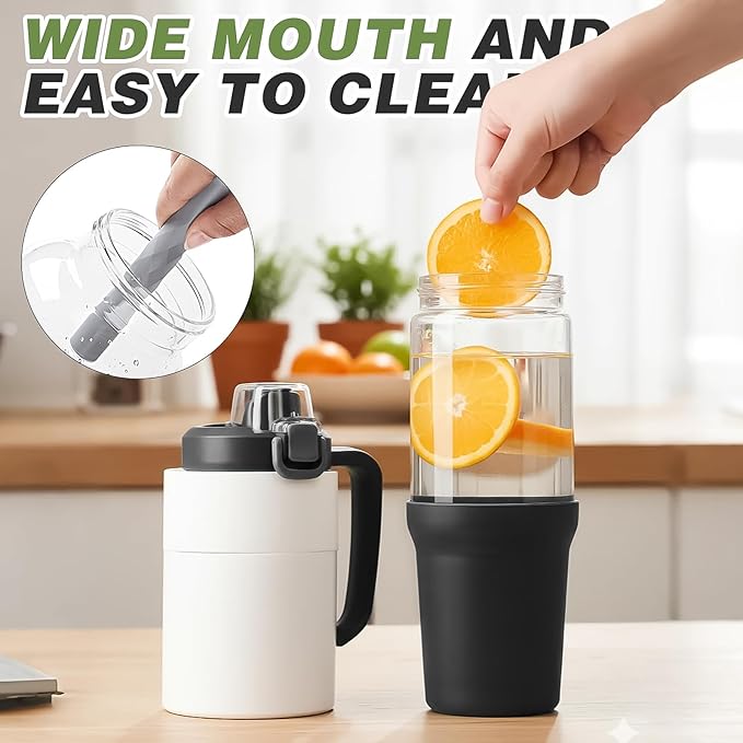 32 oz Glass Tumbler with Handle, 2-in-1 Straw and Sip Spout, Leakproof, BPA-Free Glass Water Bottle for Sports, Office, School, Black - Bloomnest