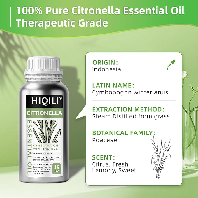 HIQILI 16 Fl Oz Citronella Oil for Homemade Sprays, Add to Diffuser, 100% Pure and Natural Undiluted - Bloomnest