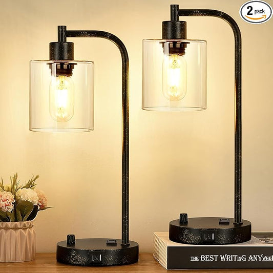 Set of 2 Industrial Table Lamps with USB Port, Rustic Black Fully Stepless Dimmable Bedside Lamps for bedrooms, Nightstand Desk Lamps with Clear Glass Shade for Reading Living Room Office 2 LED Bulb - Bloomnest