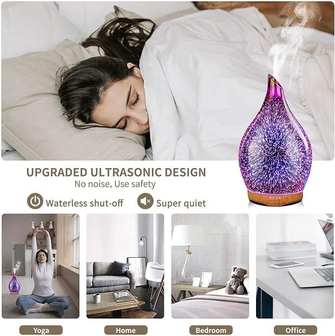 Porseme 280ml Essential Oil Diffuser 3D Hand-Blown Glass Aroma Diffusor, Aromatherapy Unltrasonic Cool Mist deffuser, 7 Color Changing Humidifier, Waterless Shut-Off, Timer Function for Home Office Porseme