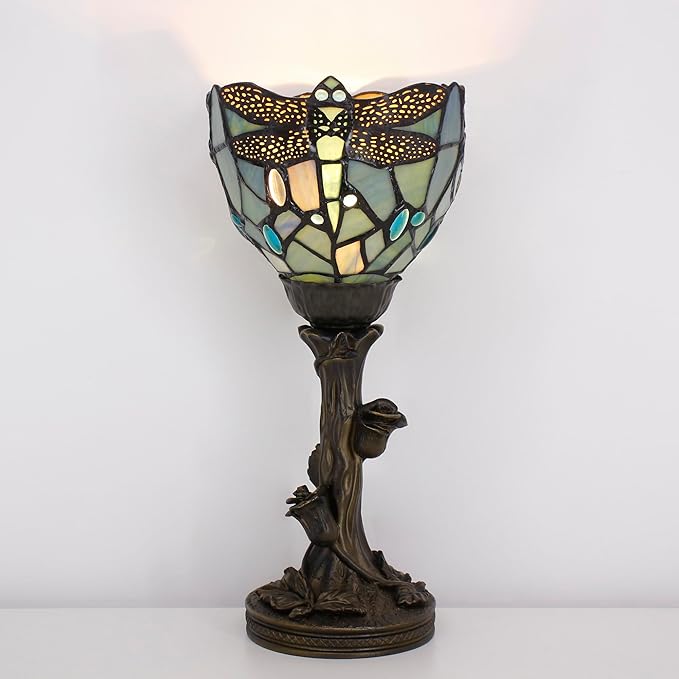 Small Tiffany Lamp Mini Stained Glass Table Lamp Blue Dragonfly Accent Desk Uplight W6 H13.5 Inch Bronze Resin Base - Bloomnest