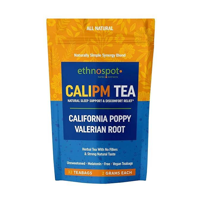 CaliPM Teabags - Natural Sleep Tea with California Poppy & Valerian Root, Herbal Tea for Relaxation & Discomfort Relief, Unsweetened & Vegan, Melatonin-Free, 100% Natural Ingredients - 2 Gram Teabags - 32 Teabags - Bloomnest