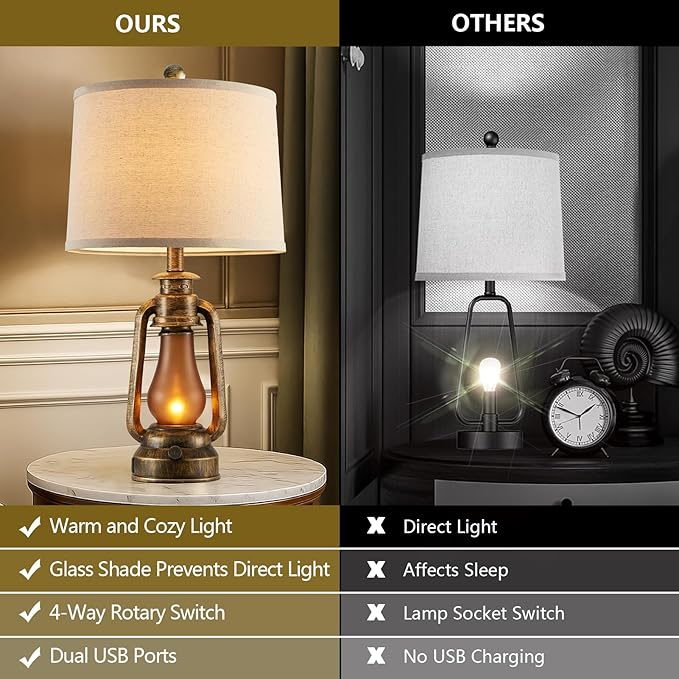 RORIANO 25" Set of 2 Rustic Lantern Table Lamps for Living Room Bedroom, 2 USB Ports Farmhouse Vintage Bedside Desk Lamp Nightlight for Entryway Office End Table, 4 Bulbs Included - Bloomnest