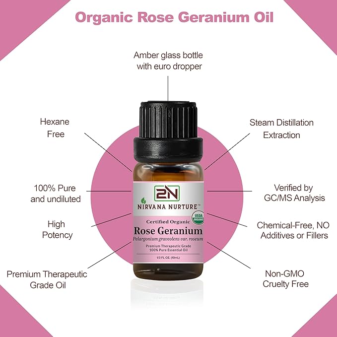 Rose Geranium Essential Oil, USDA Certified Organic, 100% Pure Undiluted, Aromatherapy Oil for Diffuser, Hair & Skin Care NirvanaNurture