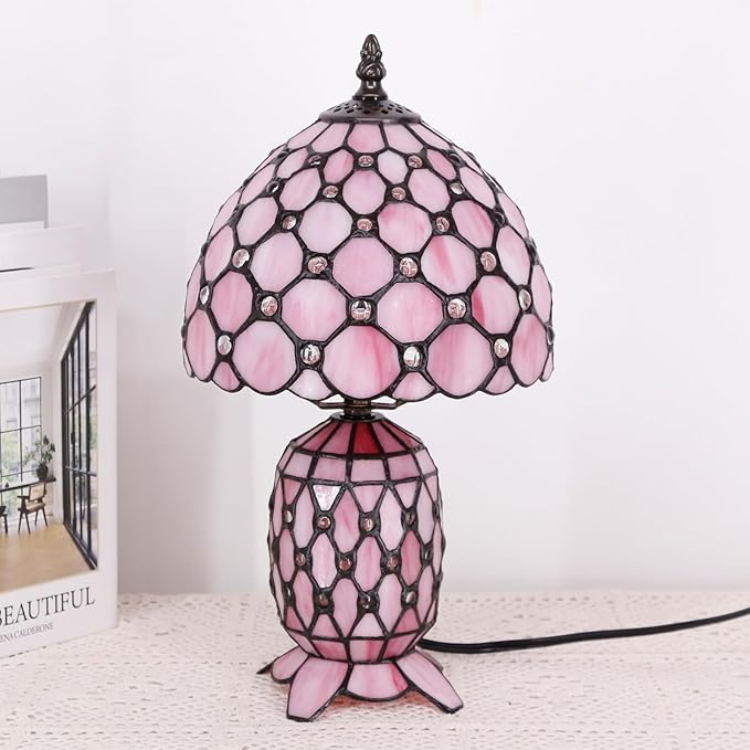 Small Tiffany Lamp Stained Glass Table Lamp Mini Mother Daughter Vase Desk Accent Night Light for Bedroom Bedside Reading Home Antique Style 8X14 Inches (Pink) - Bloomnest