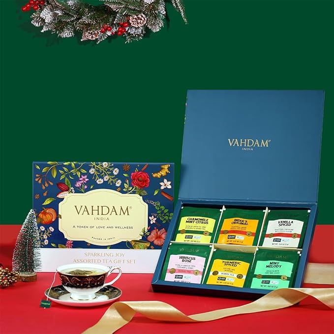 VAHDAM Assorted Tea Gift Set (6 Variety, 30 tea Bags) | Ecofriendly Tea Bags | Christmas Tea Gifts for Women & Men - Bloomnest