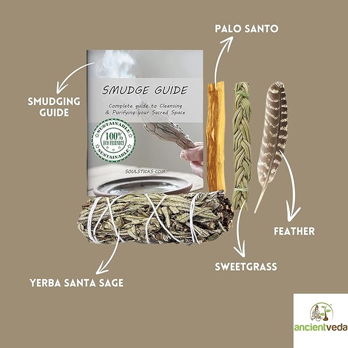 Ancient VEDA Organic Smudge Kit – Yerba Santa, Palo Santo, Sweetgrass Braid, Feather & Smudge Guide | Home Cleansing Kit for Meditation, Yoga, Energy Healing & Gift (Starter Kit, Yerba Santa Sage) AncientVeda