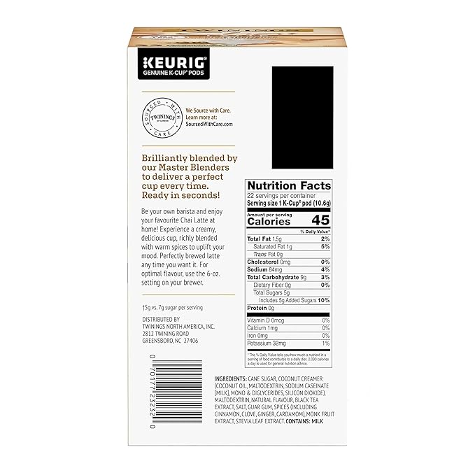Twinings Chai Latte Black Tea K-Cup Pods for Keurig, 22 Count (Pack of 1), Creamy, Slightly Sweet, Less Sugar, Caffeinated, Enjoy Hot or Iced - Bloomnest