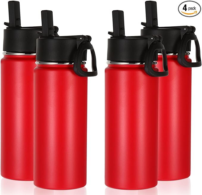 Volhoply 16 OZ Kids Water Bottle Bulk 4 Pack,Insulated Sports Bottles with Straw Lid,Stainless Steel Bottle with Handle Keep Cold & Hot,Double Wall Vacuum Tumbler Cups for School,Girls(Red, 4) - Bloomnest