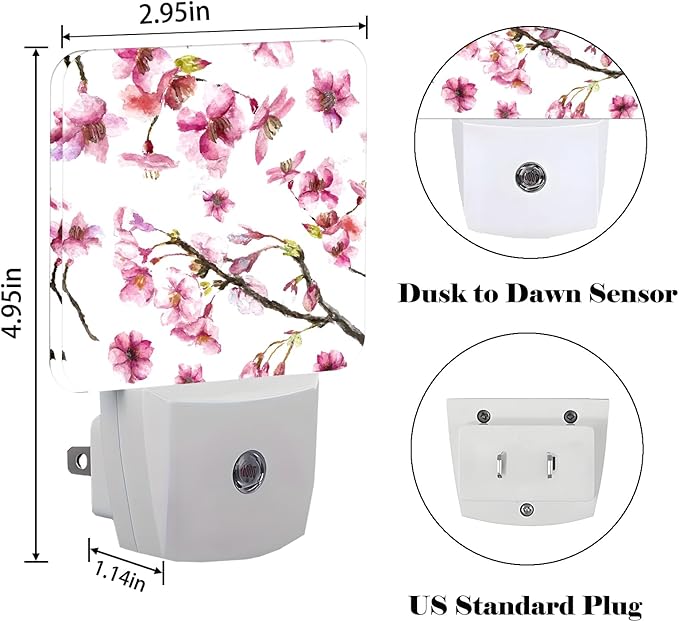 Watercolor Cherry Blossoms Night Light,Plug-in Night Lights with Dusk to Dawn Sensor for Stairway,Hallway,Bedroom Sleep Friendly Ideal for Women/Girls/Boys Gift,0.5w - Bloomnest
