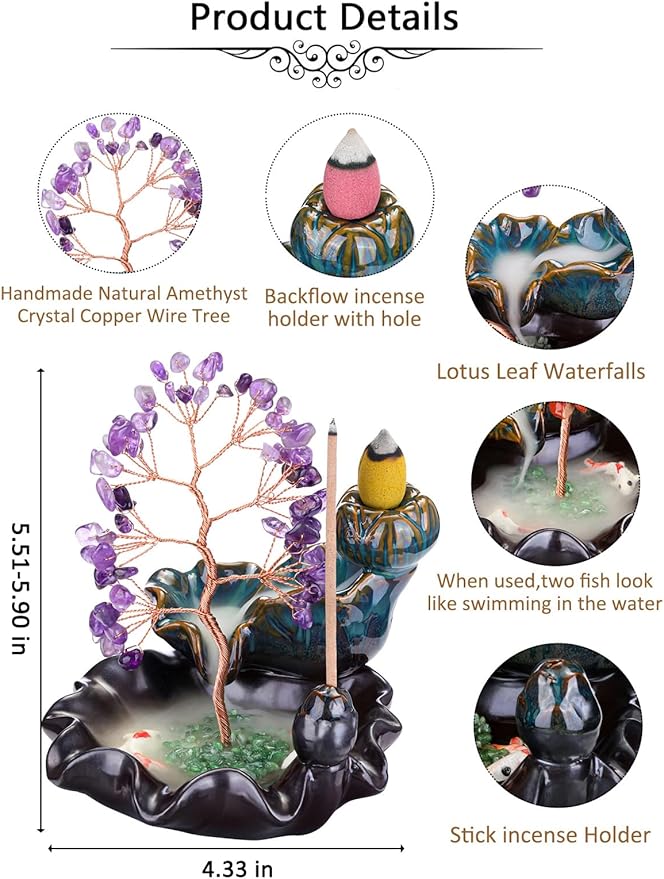 Jovivi Backflow Incense Burner Ceramic Incense Waterfall, Natural Amethyst Healing Crystal Money Tree Incense Holder for Wealth, Good Luck, Yoga Meditation, Home Decor - Bloomnest