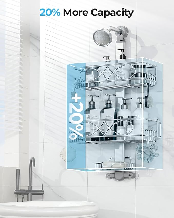 ODesign 2 Tier Stainless Steel Anodized Aluminum,Height-Adjustable Rustproof Shower Caddy Hanging Anti-Swing-Over The Shower Head Caddy-Bathroom Showe r Storage Organizer With Soap Box Holder- Sliver - Bloomnest