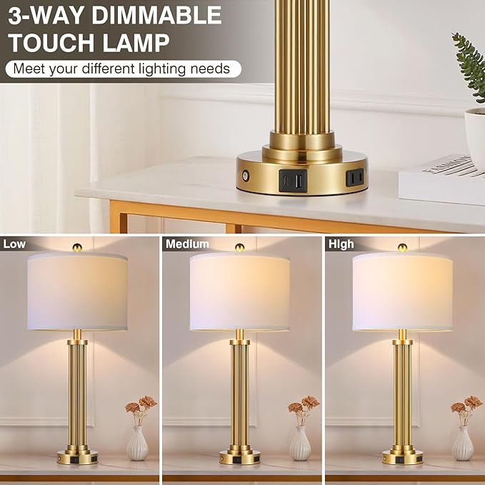 28" Tall Modern Table Lamps Set of 2 with USB C+A Ports and AC Outlet, 3 Way Touch Metal Bedside Lamps for Living Room, Gold Nightstand Lamps for Bedroom - Bloomnest