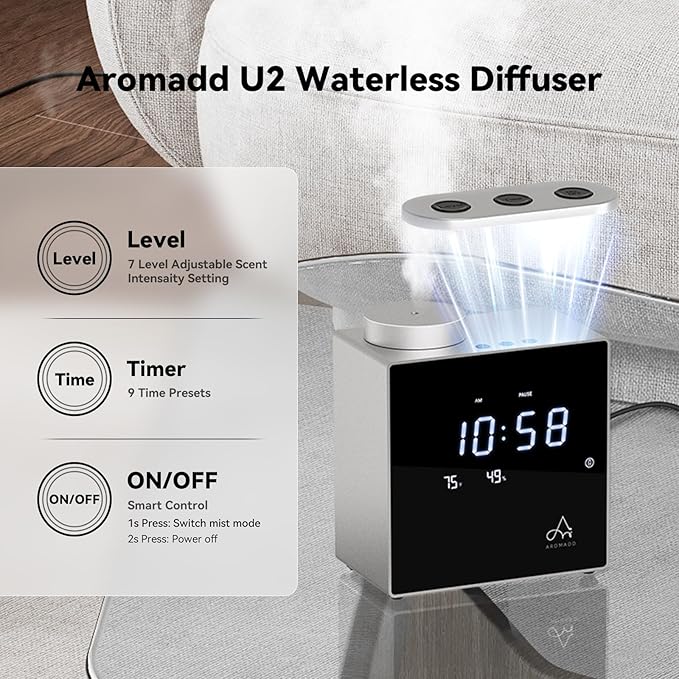 2026 Smart Waterless Diffuser, 2000 Sq.Ft Cold Air Scent Machine with Clock & Environmental Display | 7 Fragrance Levels, 9 Timer Settings, Hotel Collection Diffuser for Home & Large Rooms (Silver) - Bloomnest
