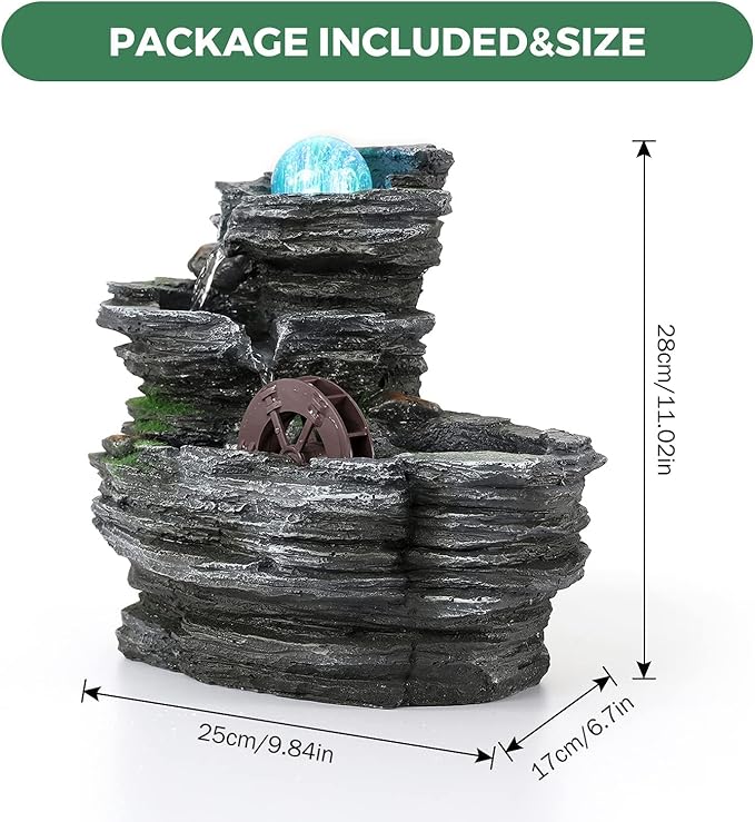 Tabletop Water Fountain,Environmental Resin Meditation Waterfall,Desktop Fountain with Waterwheel,Indoor Waterfall Feature with Crystal Ball and Light for Home Office Decor Relaxation 10X7X11in
