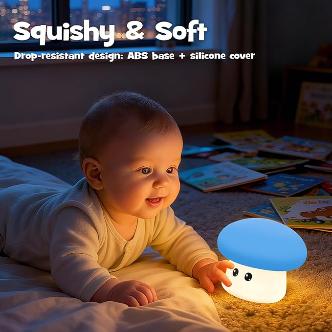 Squishy Big Eyes Mushroom Night Light with RGB Mode 3 Brightness Adjustable Nursery Breastfeeding Nightlight Cute LED Blue Mushroom Lamp Rechargeable Silicone Touch Bedside Lamp for Bedroom Dorm Decor - Bloomnest
