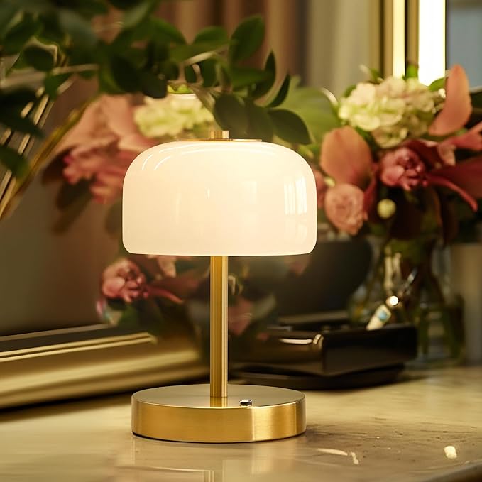Oneach 9" Cordless Table Lamp, Gold Rechargeable Battery Operated Lamp, 3-Way Stepless Dimming Touch Lamps, Small Glass Bedside Nightstand Light for Bedroom Dining Table Living Room Shelf Decor - Bloomnest