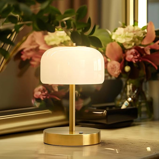 Oneach 9" Cordless Table Lamp, Gold Rechargeable Battery Operated Lamp, 3-Way Stepless Dimming Touch Lamps, Small Glass Bedside Nightstand Light for Bedroom Dining Table Living Room Shelf Decor - Bloomnest