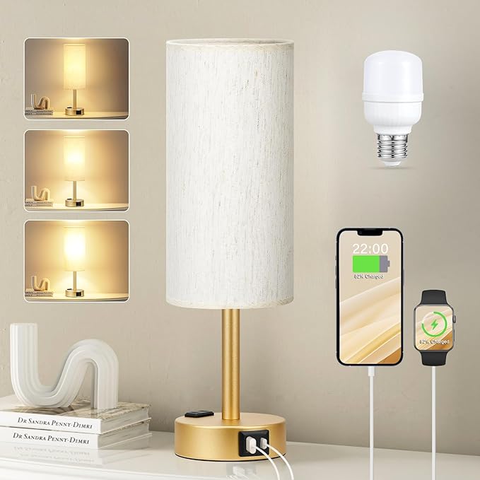Fenmzee Gold Nightstand Bedroom Lamp - 3 Way Dimmable Bedside Lamp USB C A Charging Ports and AC Outlet, Small Table Lamp Linen Lampshade for Office Desk, LED Bulb Included - Bloomnest