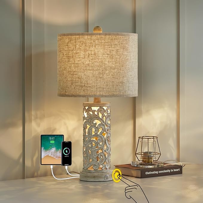 OYEARS 3-Way Dimmable 22'' USB A+C Touch Control Table Lamp with Nightlight for Living Room Bedroom Farmhouse Bedside Nightstand Lamps (Bulb Included) - Bloomnest