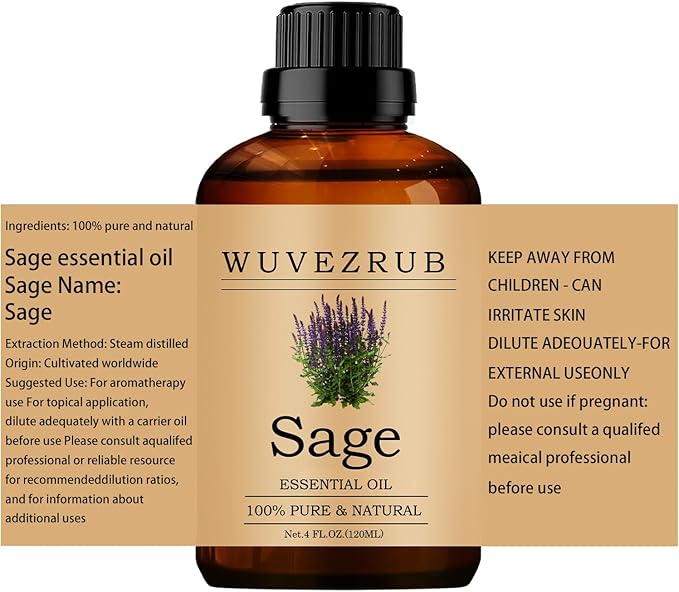 Sage Essential Oils 120ML, 100% Pure and Natural Essential Oil for Aromatherapy Diffuser - 4 Fl Oz/Sage WUVEZRUB