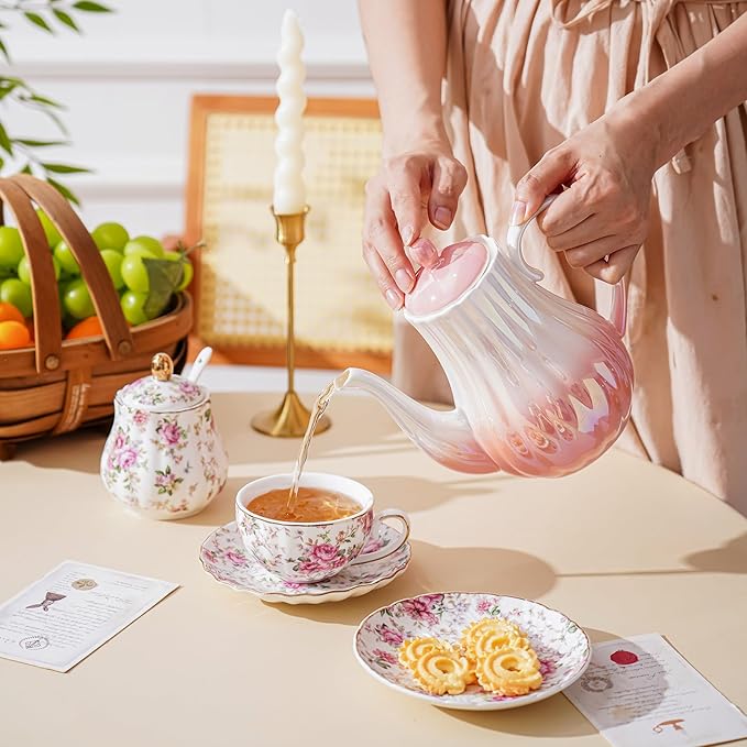 Tea Pot, Porcelain Teapot 37oz,tea pots for tea party,Tea Sets(Gradient pink)