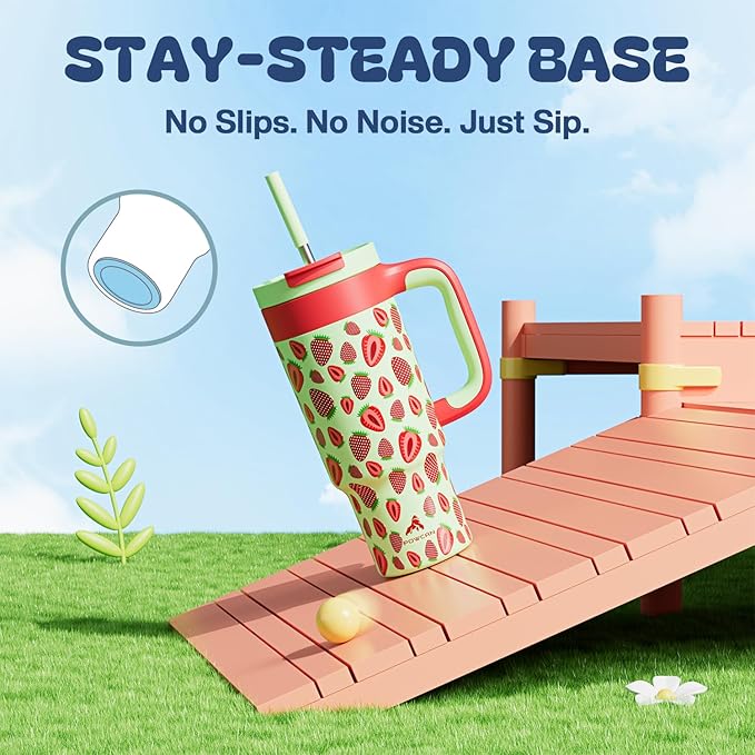 24 oz Metal Tumbler Cup for Girls: Easy Grip Handle, Leak-Proof when Sealed, Easy to Clean, Double Wall Vacuum Cup for Home, School, Daycare, Party, Picnic, Hiking, Travel, Gift (Strawberry Pop) - Bloomnest