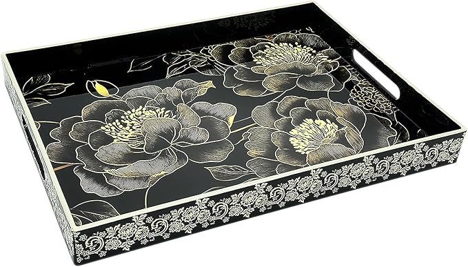 Serving Tray with Handles, 15.7 * 11.8 inches, Plastic Ottoman Tray with Exquisite Paintings, Trays for Coffee Table - Bloomnest