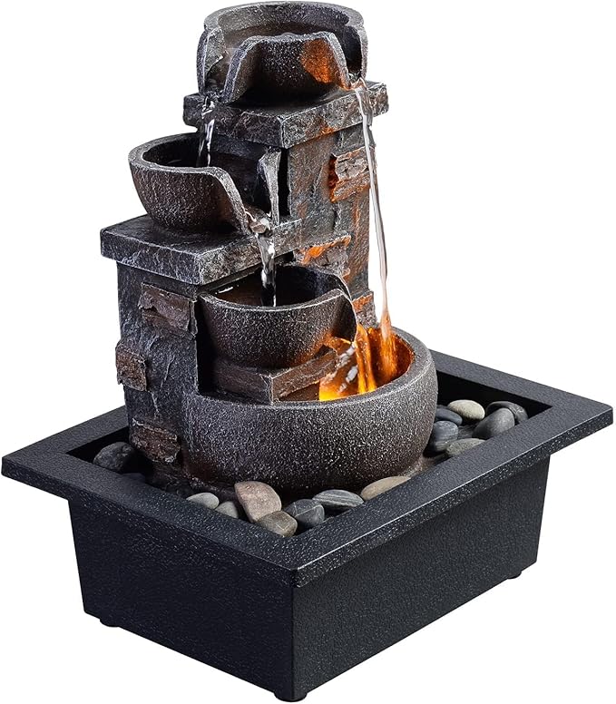 Kalona Décor Desktop Fountain - 10" 4-Tier Design with Imitation Stone, Indoor Waterfall Tabletop River Rocks & Resin Material for Serene Meditation & Relaxation - Ideal for Home & Office Decor - Bloomnest