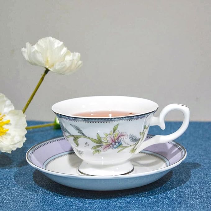 Bone China Tea Set, 21-Pieces Porcelain Tea Set for Adults, Tea Cups And Saucers for 6, with Teapot, Spoons, Sugar Bowl, Creamer Pitcher, Vintage Tea Set for Women Tea Party (Purple) - Bloomnest