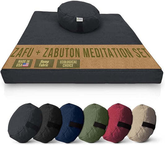 Meditation Cushion Mat Set HEMP - Round Zafu Floor Pillow Organic Buckwheat Pillow + Cotton Filled Zabuton Prayer Pad - Meditation Pillow Yoga Knee Pad - Made in USA - 14" Round, SHADOW GRAY Hemp - Bloomnest
