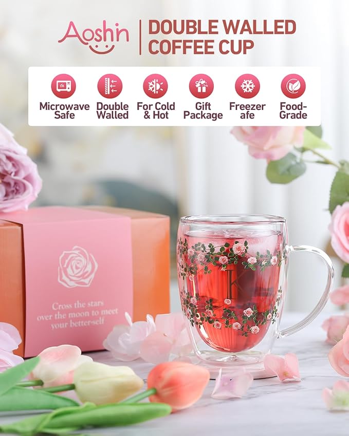 Initial Glass Cup for Women, 12oz Rose Double Walled Glass Coffee Mugs, Personalized Gifts for Women, Initial Coffee Tea Mug with Scarf, Birthday Wedding Gifts for Her Mom Teacher (ROSE-Y) - Bloomnest