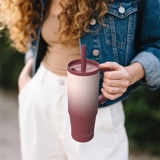 TILUCK 30 oz Tumbler with Handle, Vacuum Insulated Stainless Steel Travel Mug with 100% Leak-Proof Silicone Straw Lid, Cupholder Friendly Water Bottle(BurgundyGradient, 30oz)